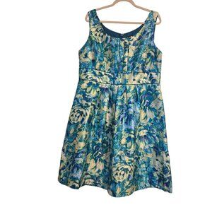 R&M Richards Green Yellow Floral Watercolor Pleated Mi Sleeveless Dress 16W